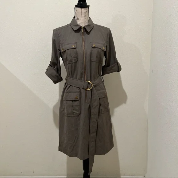 SHARAGANO Stretch Dress Women Size 8P Petite, Roll Tab Sleeves, Pockets, Belted - Picture 7 of 8